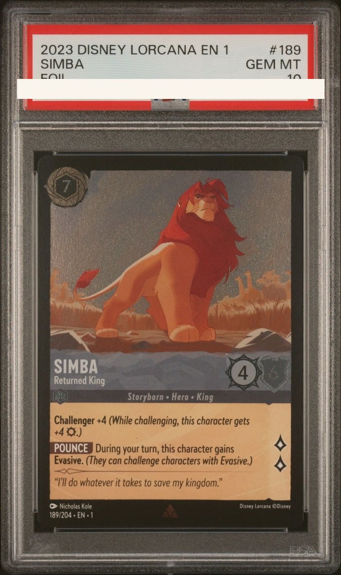 Sanitized PSA 10 slab of Simba – Returned King (189/204); certification number and barcodes redacted