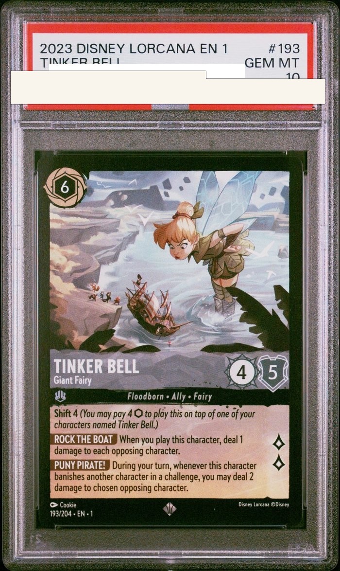 Sanitized PSA 10 slab of Tinker Bell – Giant Fairy (193/204); certification number and barcodes redacted