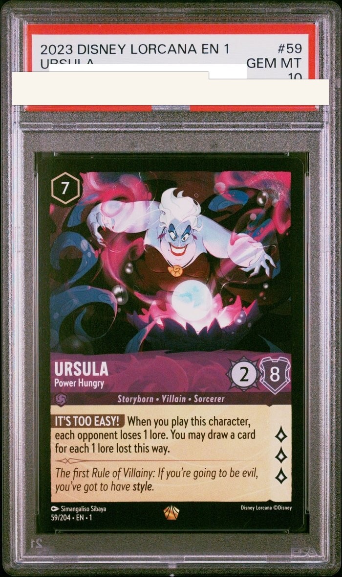 Sanitized PSA 10 slab of Ursula – Power Hungry (59/204); certification number and barcodes redacted