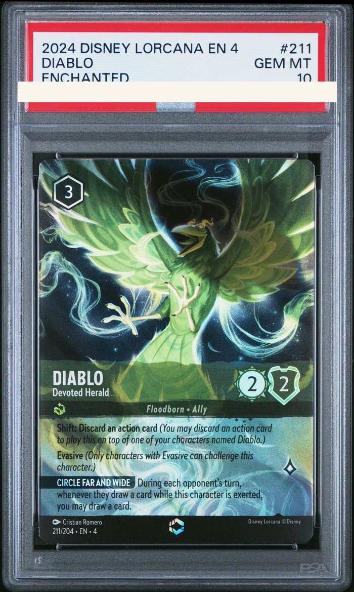 Sanitized PSA 10 slab of Diablo – Devoted Herald (211/204); certification number and barcodes redacted