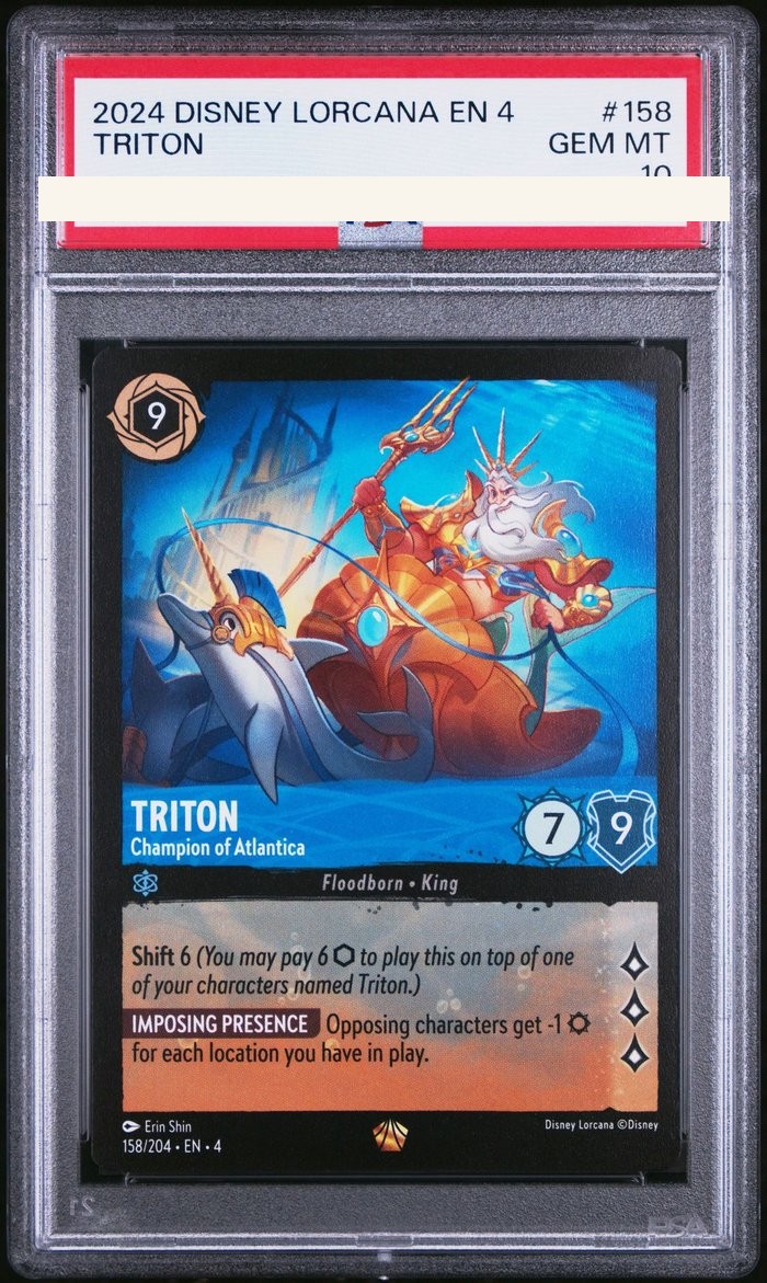 Sanitized PSA 10 slab of Triton – Champion of Atlantica (158/204); certification number and barcodes redacted
