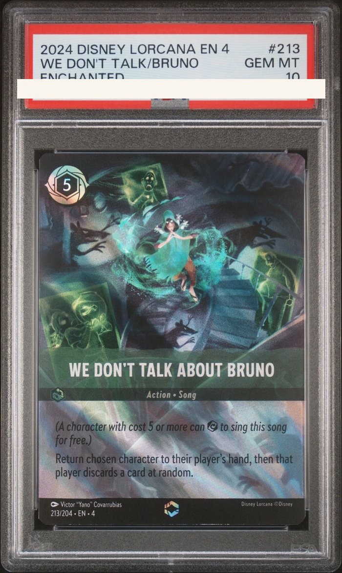Sanitized PSA 10 slab of We Don't Talk About Bruno (213/204); certification number and barcodes redacted