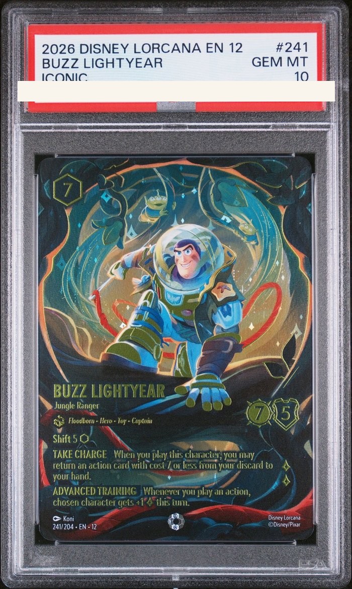 Sanitized PSA 10 slab of Buzz Lightyear – Jungle Ranger (241/204); certification number and barcodes redacted